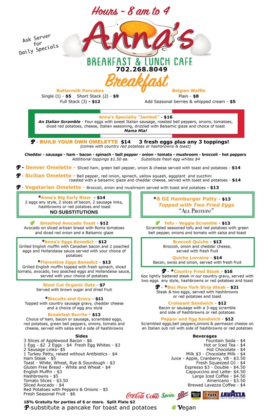 Anna's Breakfast and Lunch Café Breakfast Menu